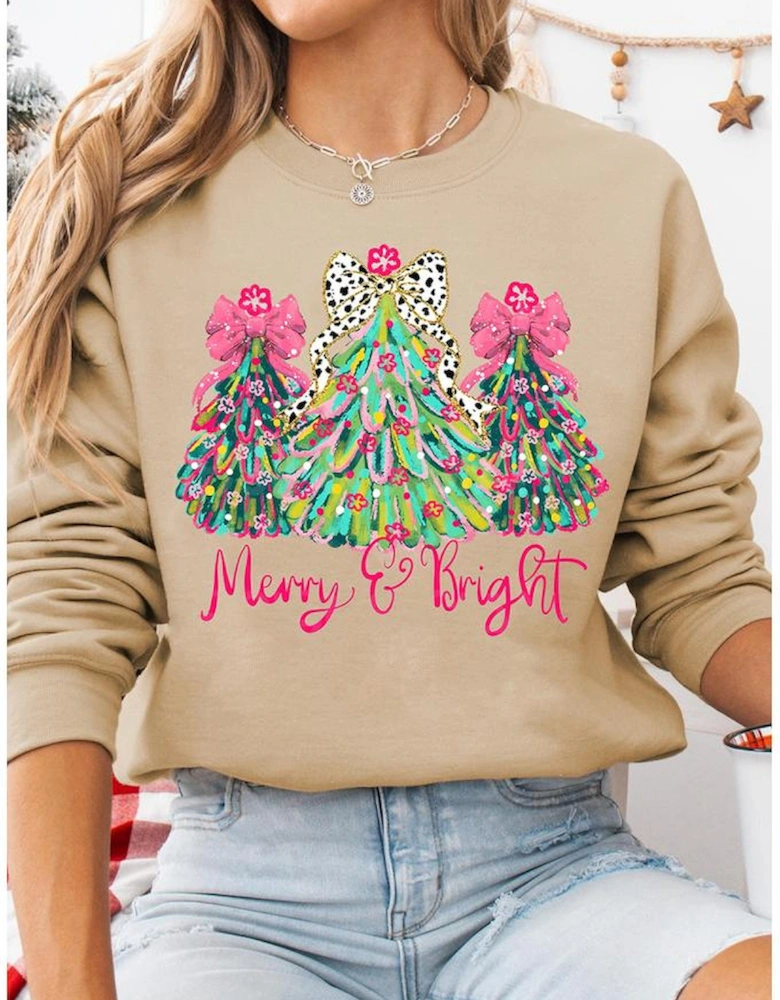 Khaki Merry & Bright Christmas Tree Print Pullover Sweatshirt