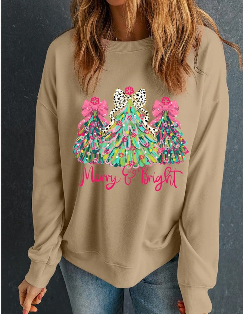 Khaki Merry & Bright Christmas Tree Print Pullover Sweatshirt