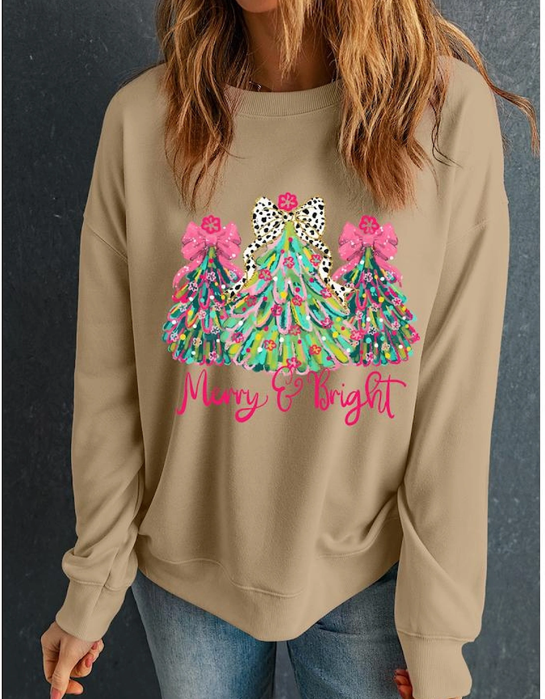 Khaki Merry & Bright Christmas Tree Print Pullover Sweatshirt