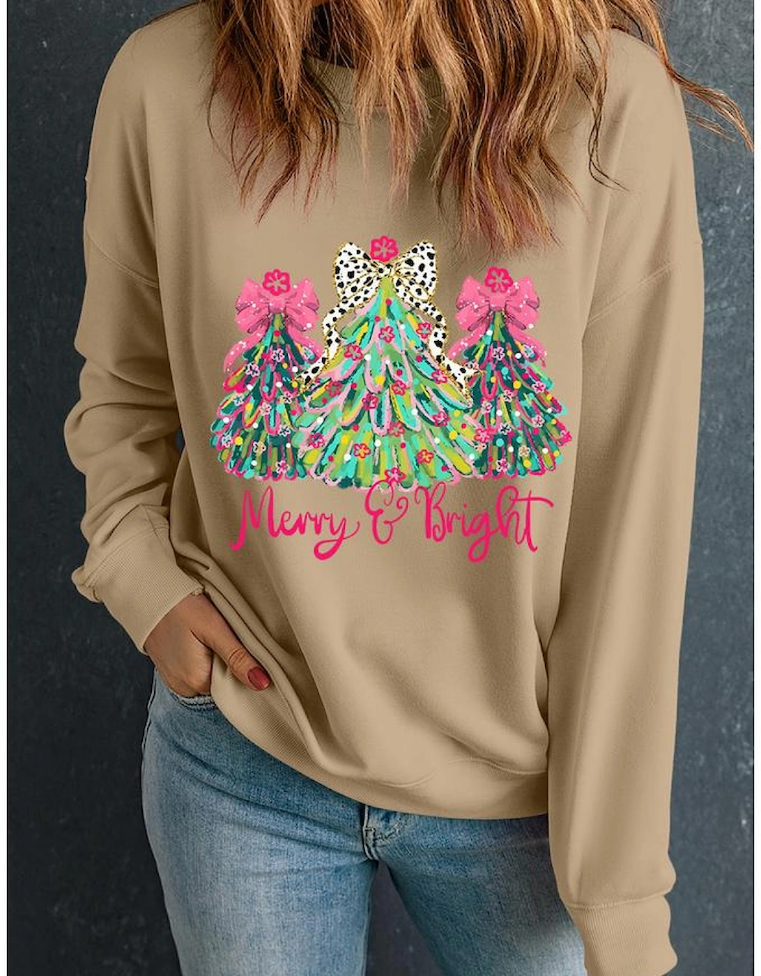Khaki Merry & Bright Christmas Tree Print Pullover Sweatshirt