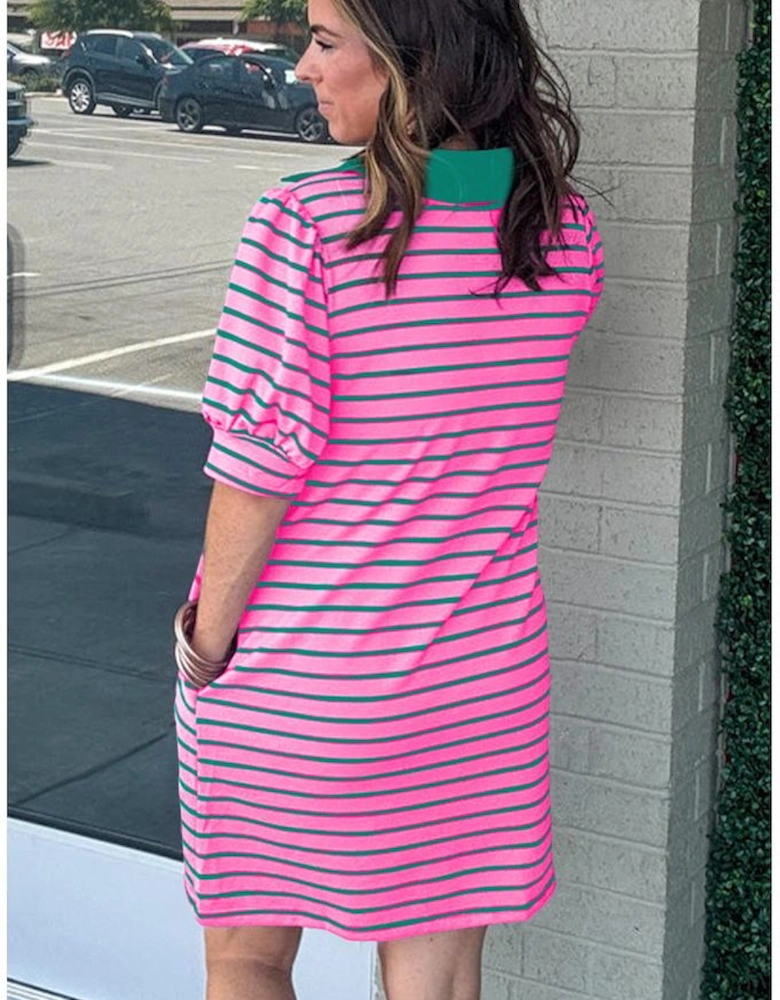 Rose Stripe Collared V Neck Puff Sleeve Shift T Shirt Dress with Pockets