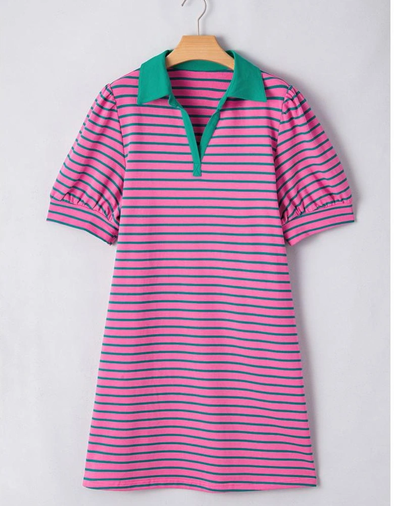 Rose Stripe Collared V Neck Puff Sleeve Shift T Shirt Dress with Pockets