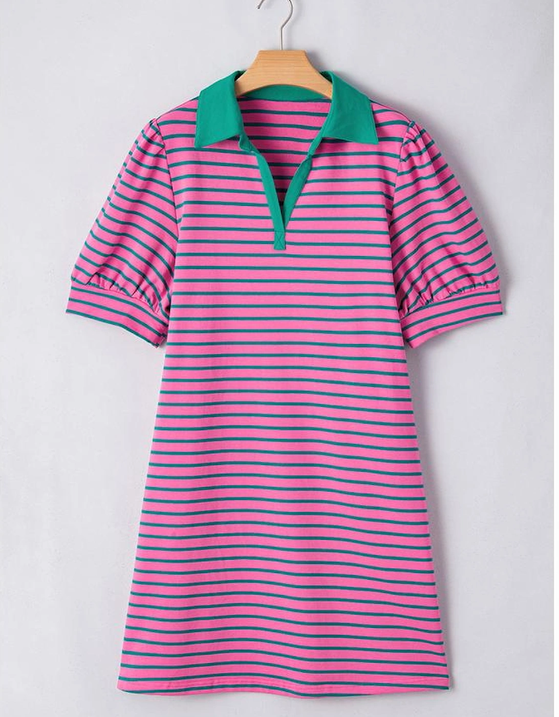Rose Stripe Collared V Neck Puff Sleeve Shift T Shirt Dress with Pockets