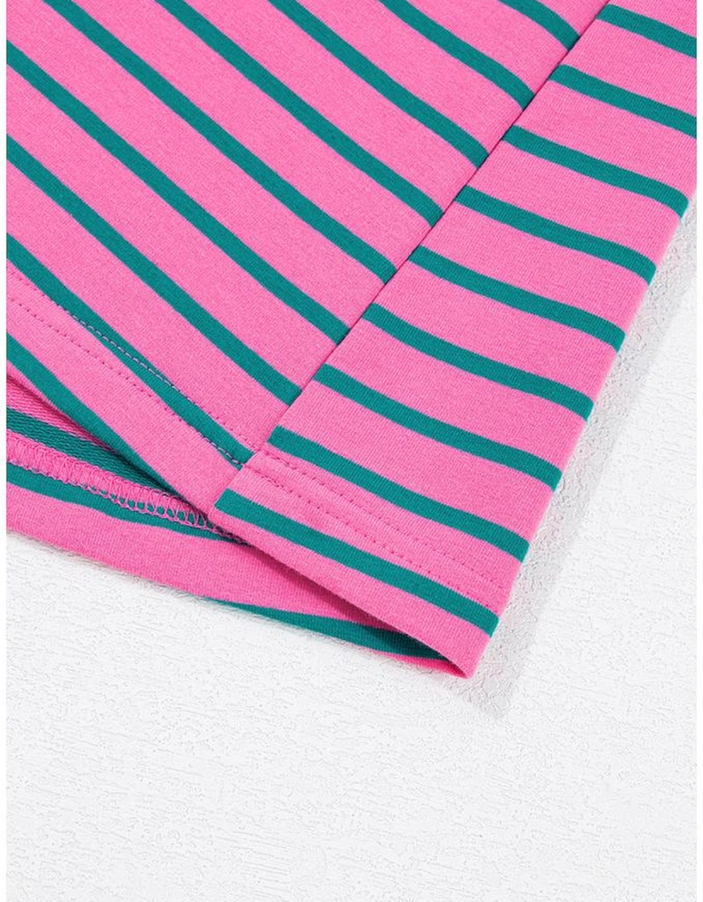 Rose Stripe Collared V Neck Puff Sleeve Shift T Shirt Dress with Pockets