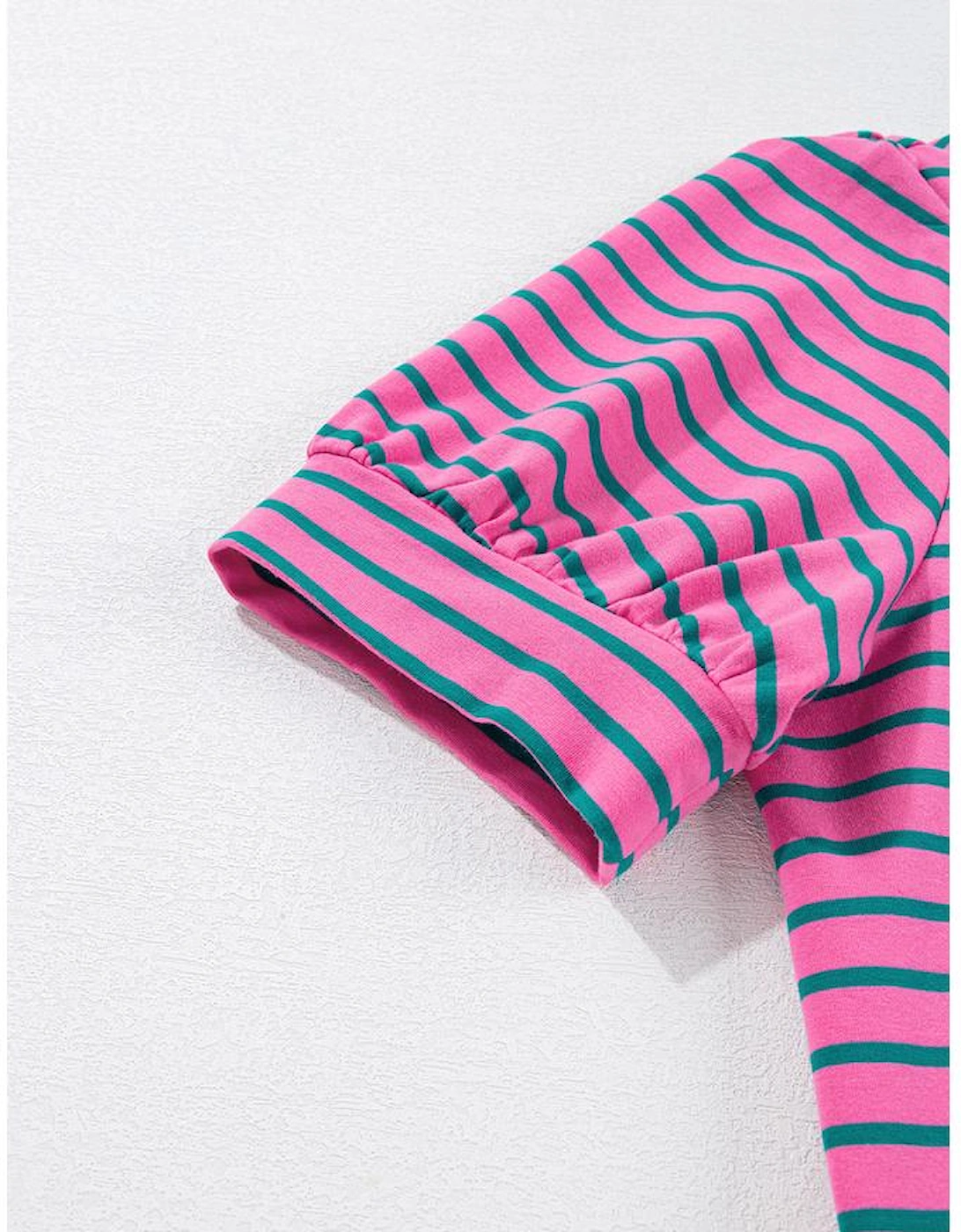 Rose Stripe Collared V Neck Puff Sleeve Shift T Shirt Dress with Pockets