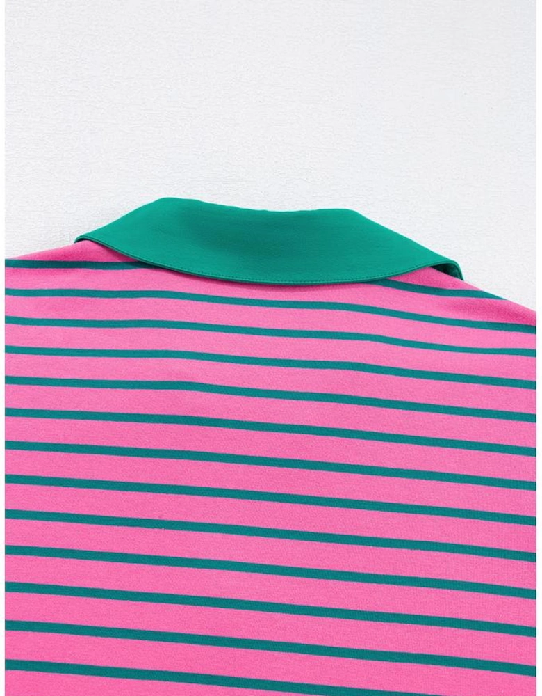 Rose Stripe Collared V Neck Puff Sleeve Shift T Shirt Dress with Pockets