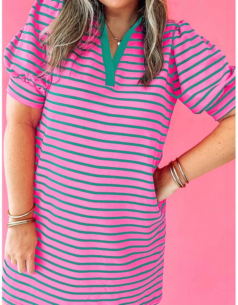 Rose Stripe Collared V Neck Puff Sleeve Shift T Shirt Dress with Pockets