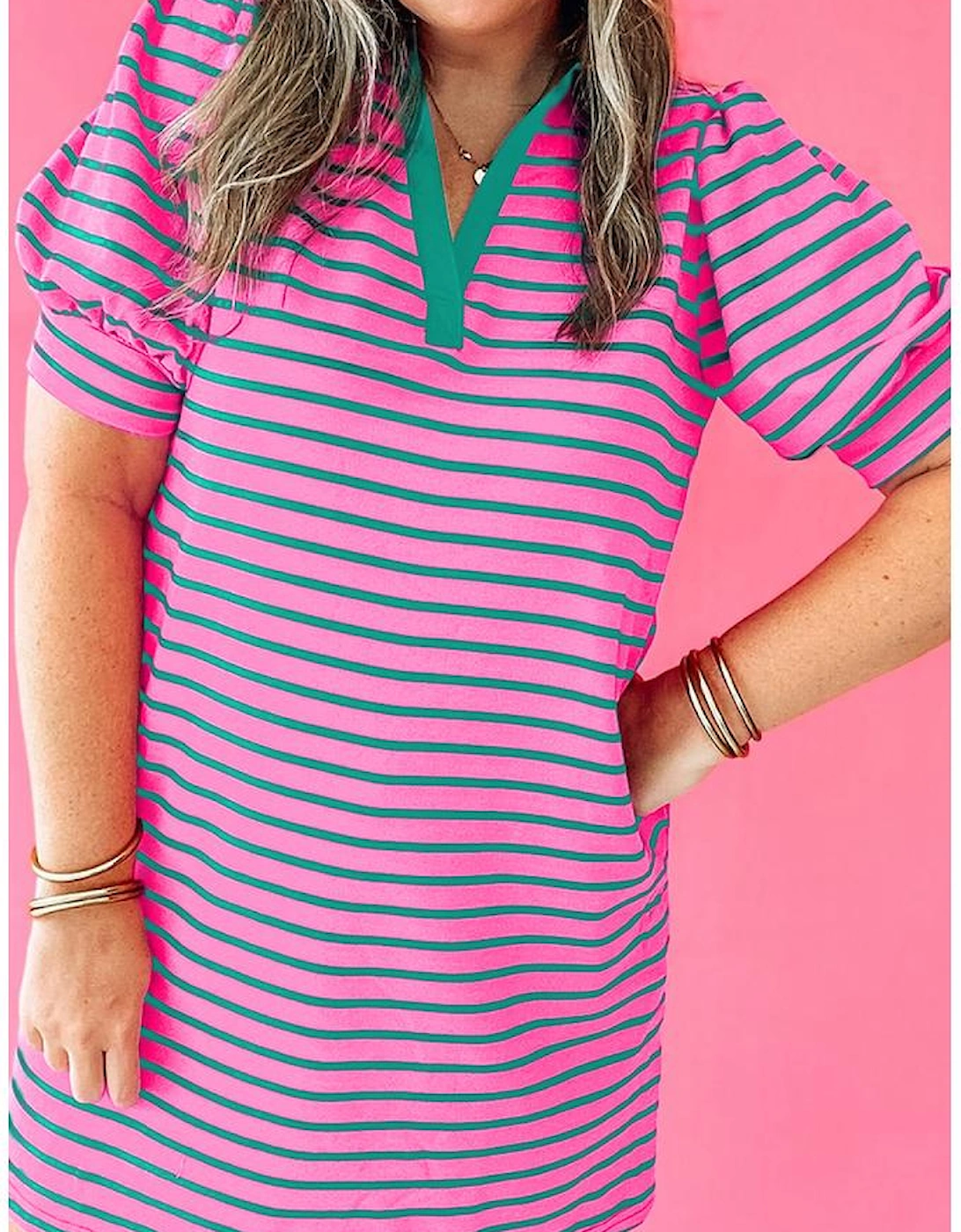 Rose Stripe Collared V Neck Puff Sleeve Shift T Shirt Dress with Pockets