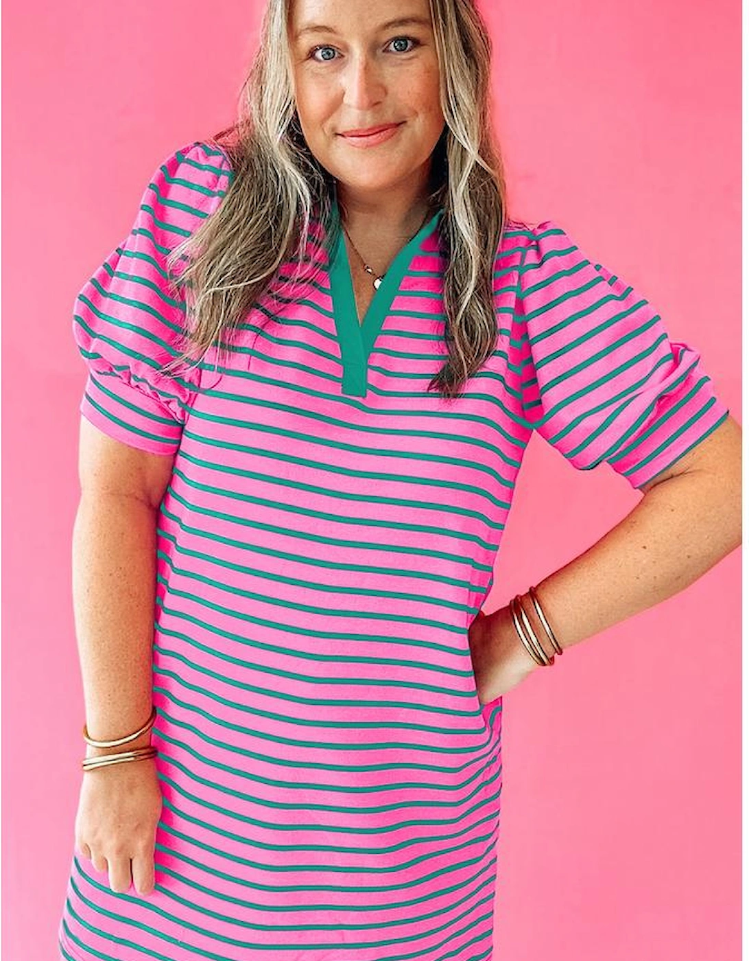 Rose Stripe Collared V Neck Puff Sleeve Shift T Shirt Dress with Pockets