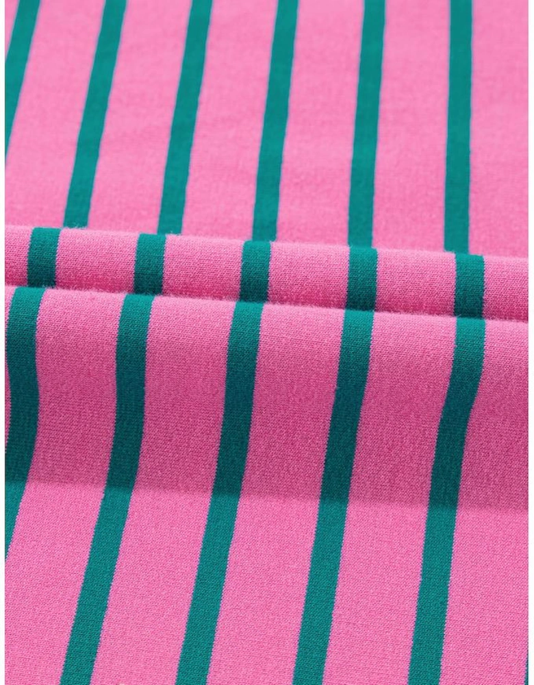 Rose Stripe Collared V Neck Puff Sleeve Shift T Shirt Dress with Pockets