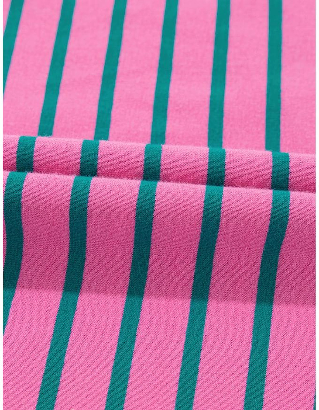 Rose Stripe Collared V Neck Puff Sleeve Shift T Shirt Dress with Pockets