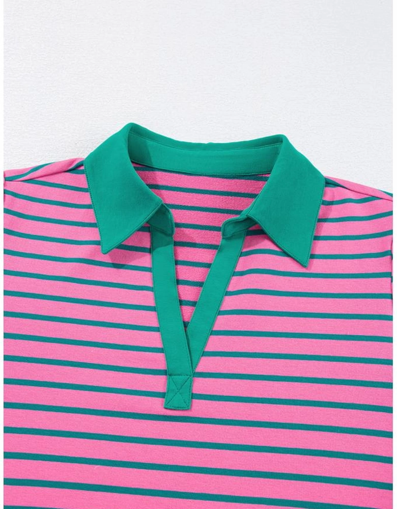 Rose Stripe Collared V Neck Puff Sleeve Shift T Shirt Dress with Pockets