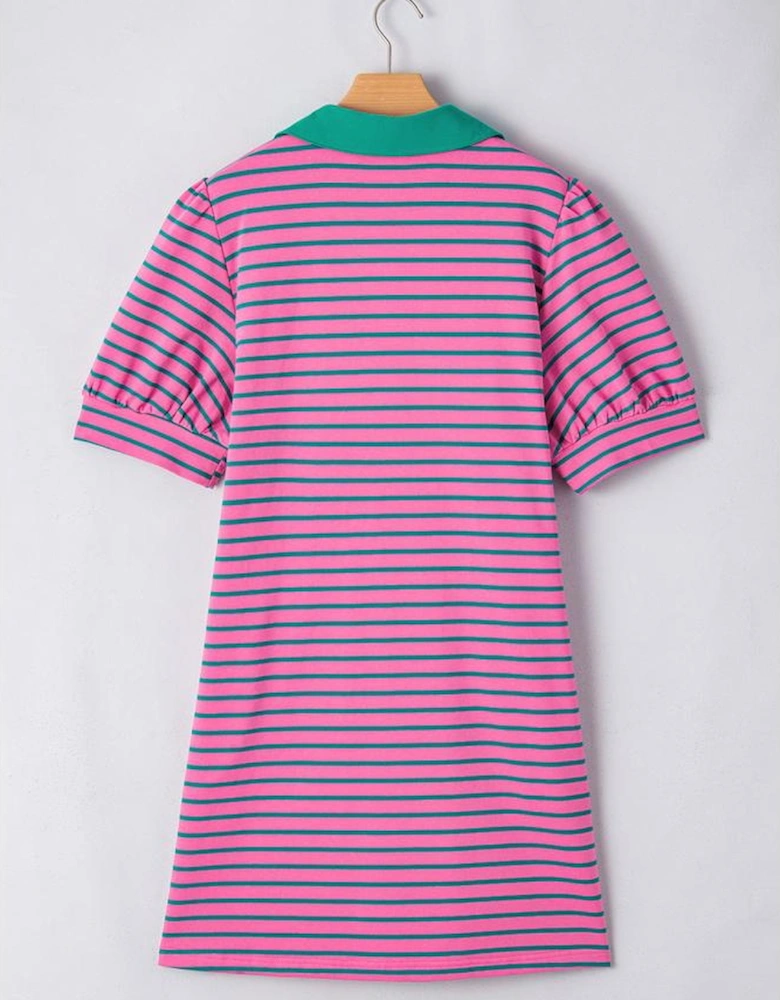 Rose Stripe Collared V Neck Puff Sleeve Shift T Shirt Dress with Pockets