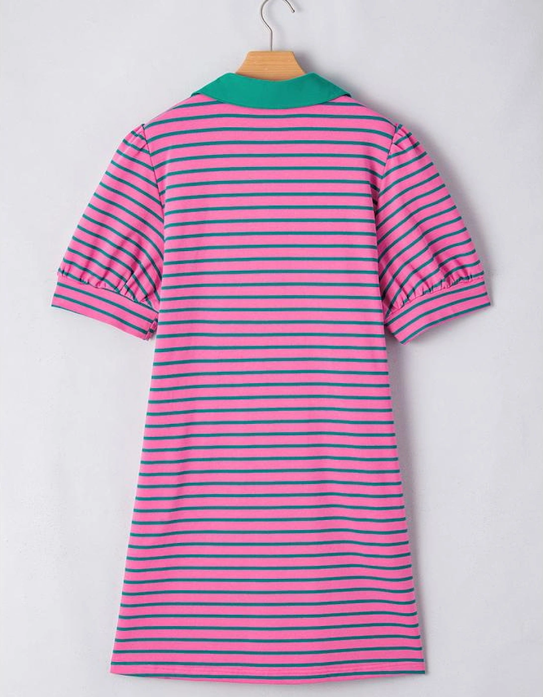 Rose Stripe Collared V Neck Puff Sleeve Shift T Shirt Dress with Pockets