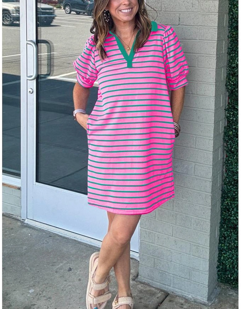 Rose Stripe Collared V Neck Puff Sleeve Shift T Shirt Dress with Pockets