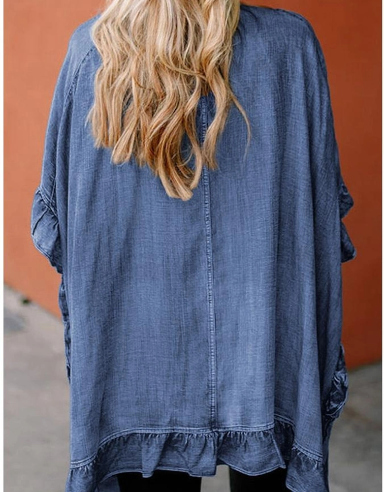 Dusk Blue Chambray Ruffle Hem Half Sleeve Open Loose Kimono