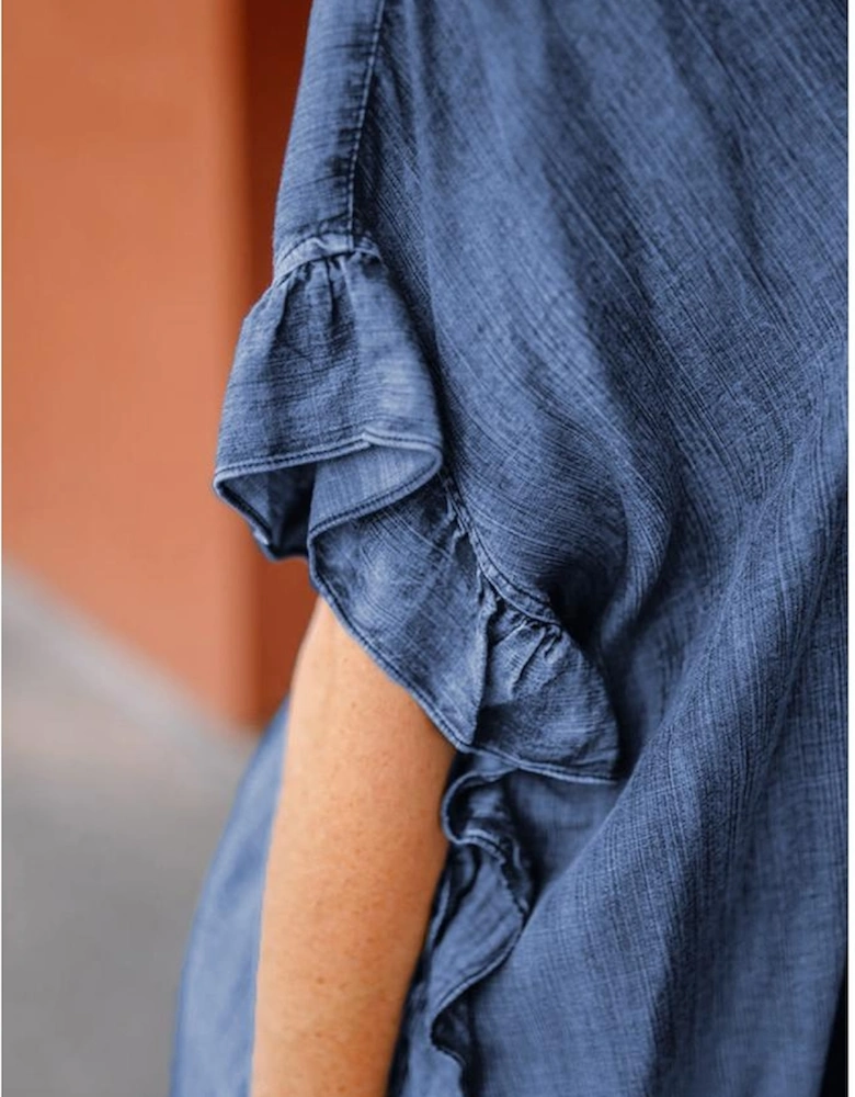 Dusk Blue Chambray Ruffle Hem Half Sleeve Open Loose Kimono