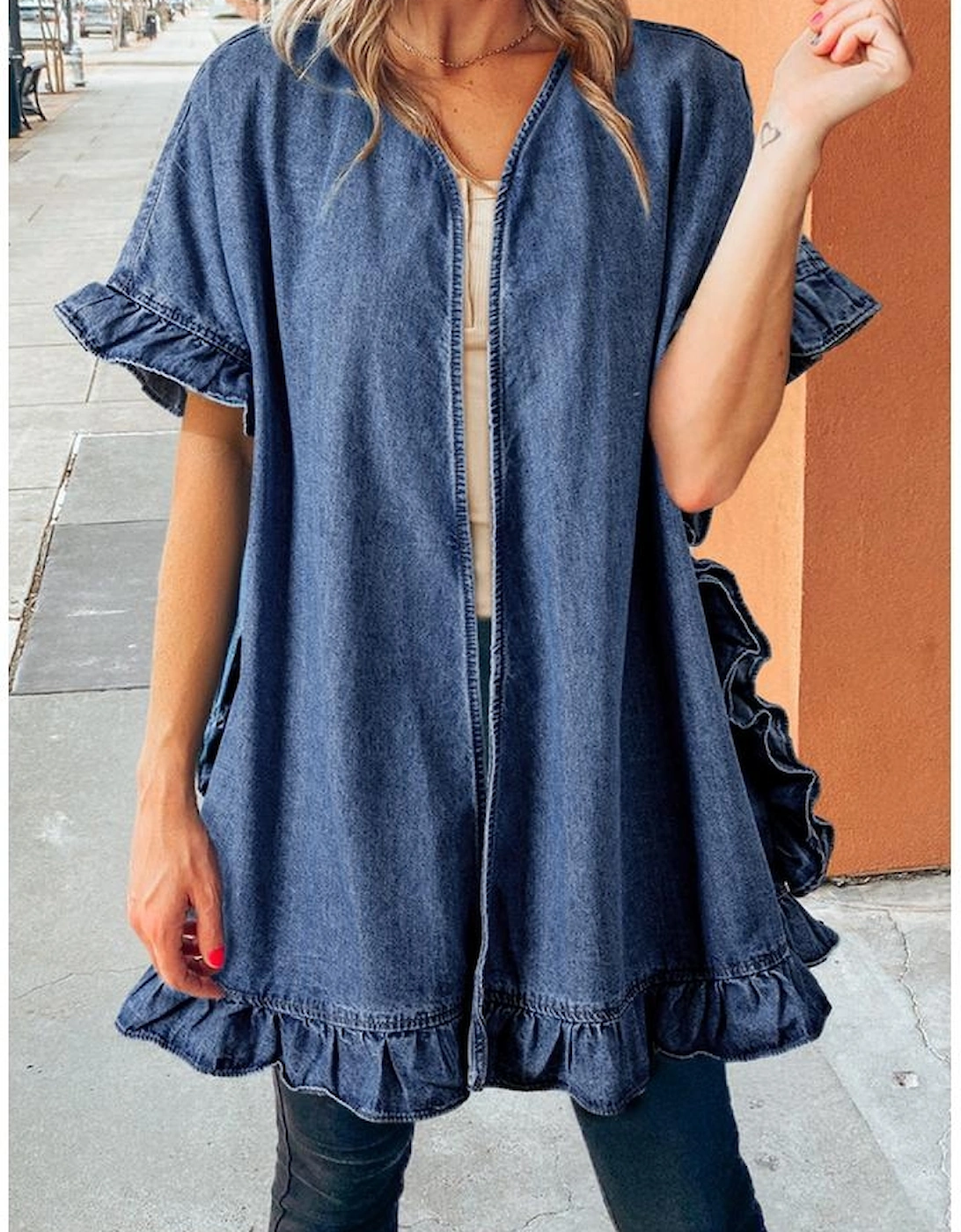 Dusk Blue Chambray Ruffle Hem Half Sleeve Open Loose Kimono