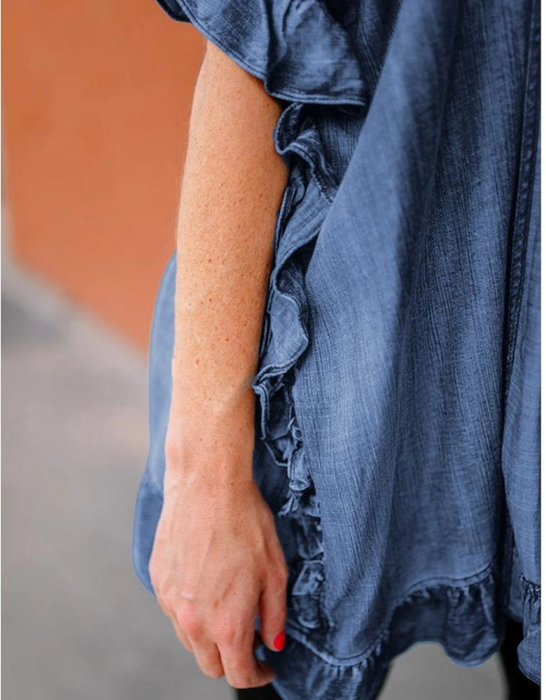 Dusk Blue Chambray Ruffle Hem Half Sleeve Open Loose Kimono