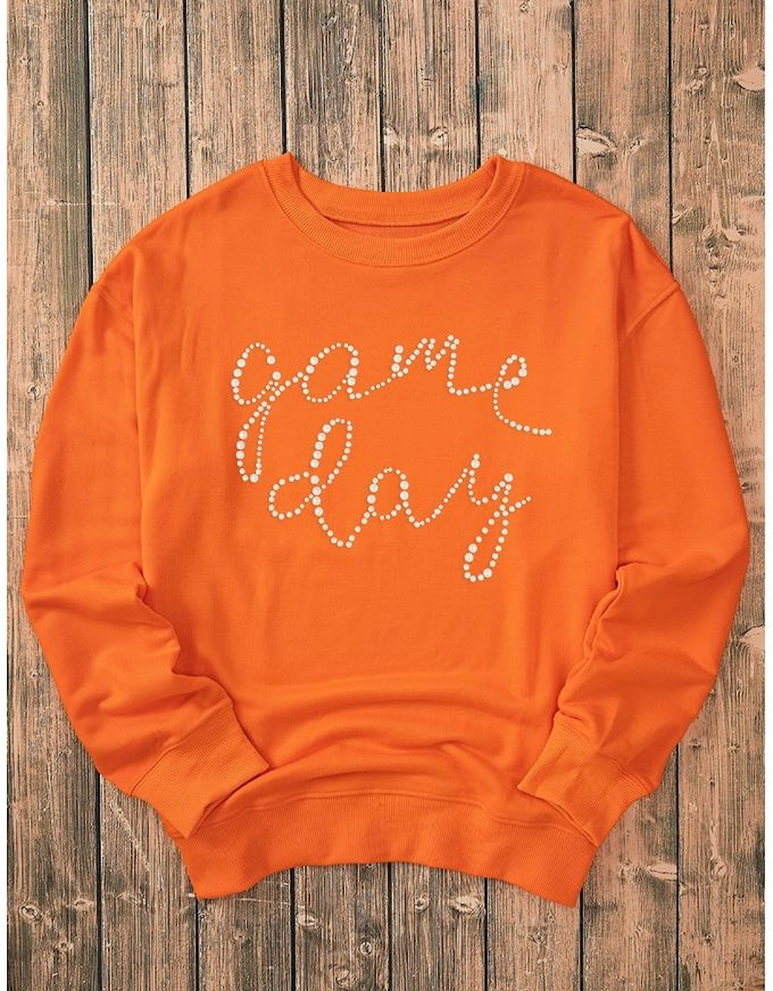 Orange Rhinestone game day Pattern Drop Shoulder Sweatshirt