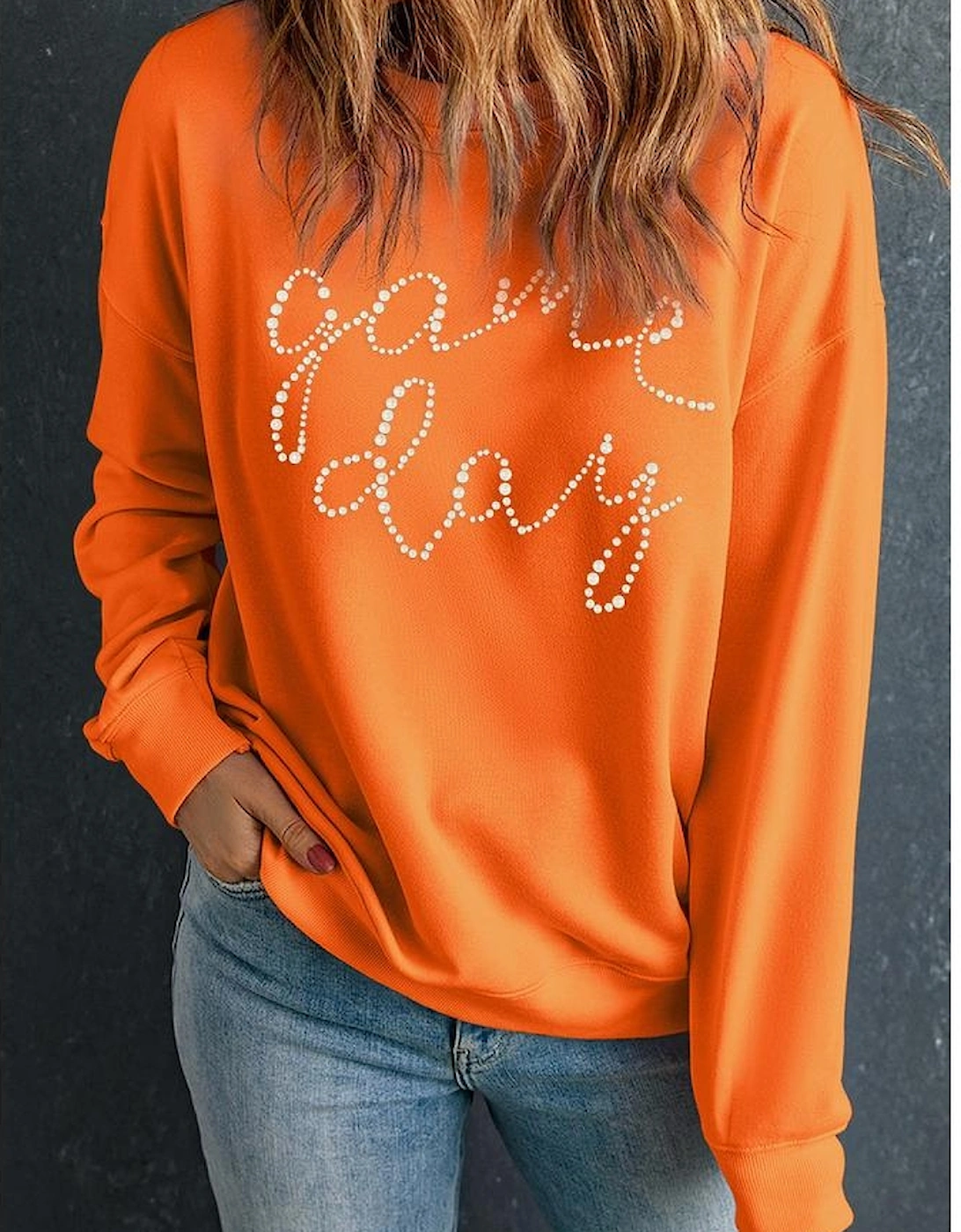 Orange Rhinestone game day Pattern Drop Shoulder Sweatshirt