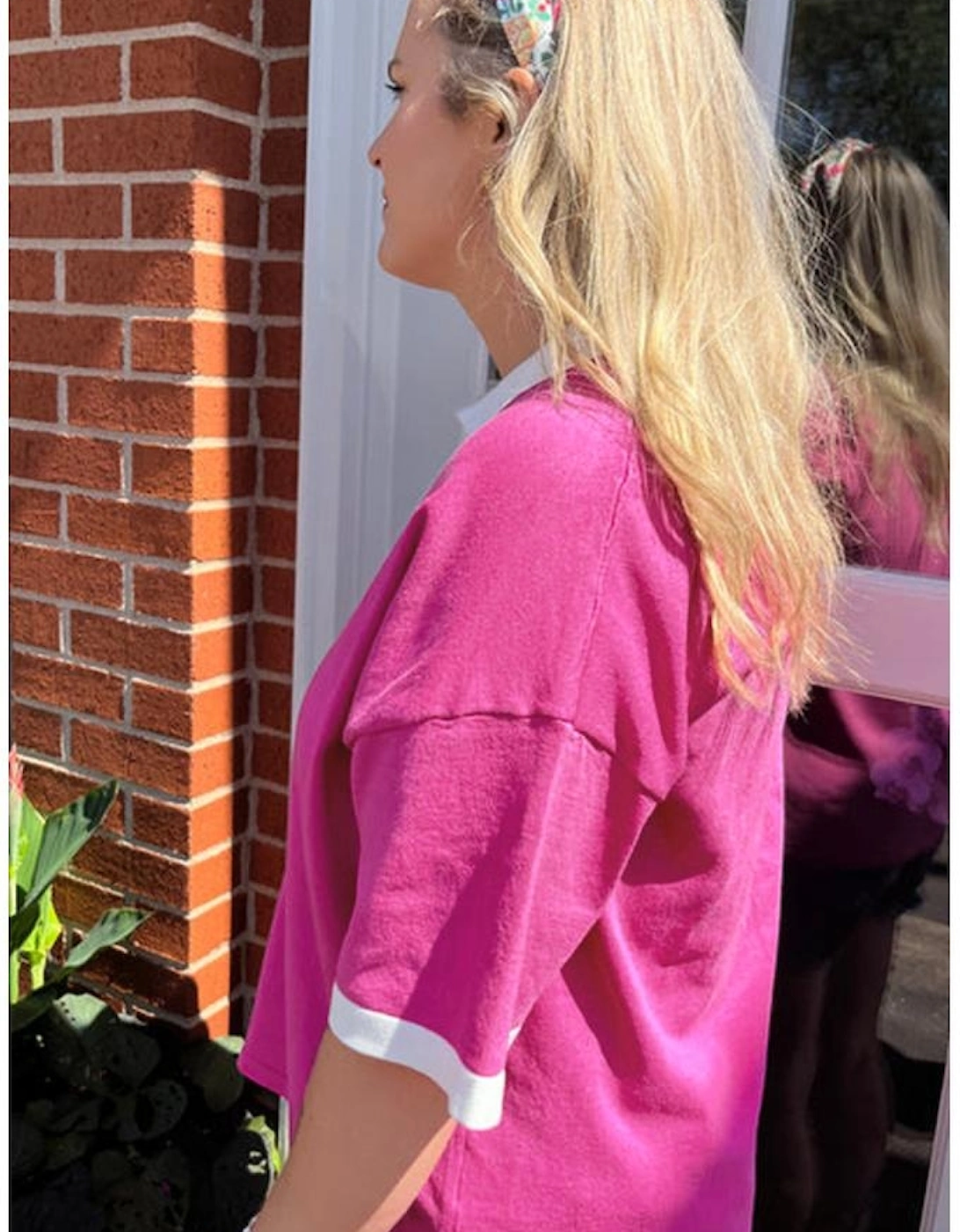 Pink Contrast Trim Collared Split Neck Short Sleeve Plus Size Top