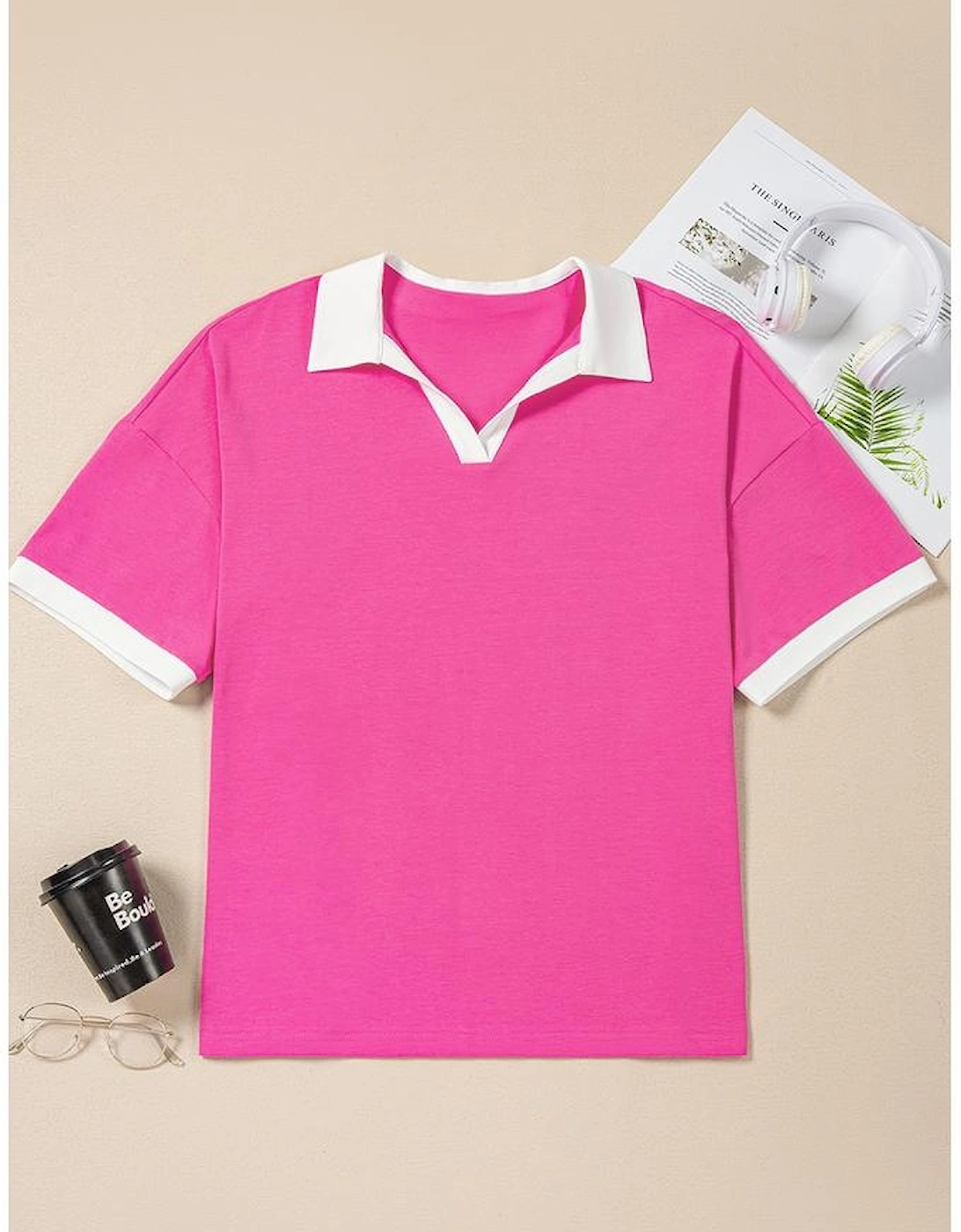 Pink Contrast Trim Collared Split Neck Short Sleeve Plus Size Top