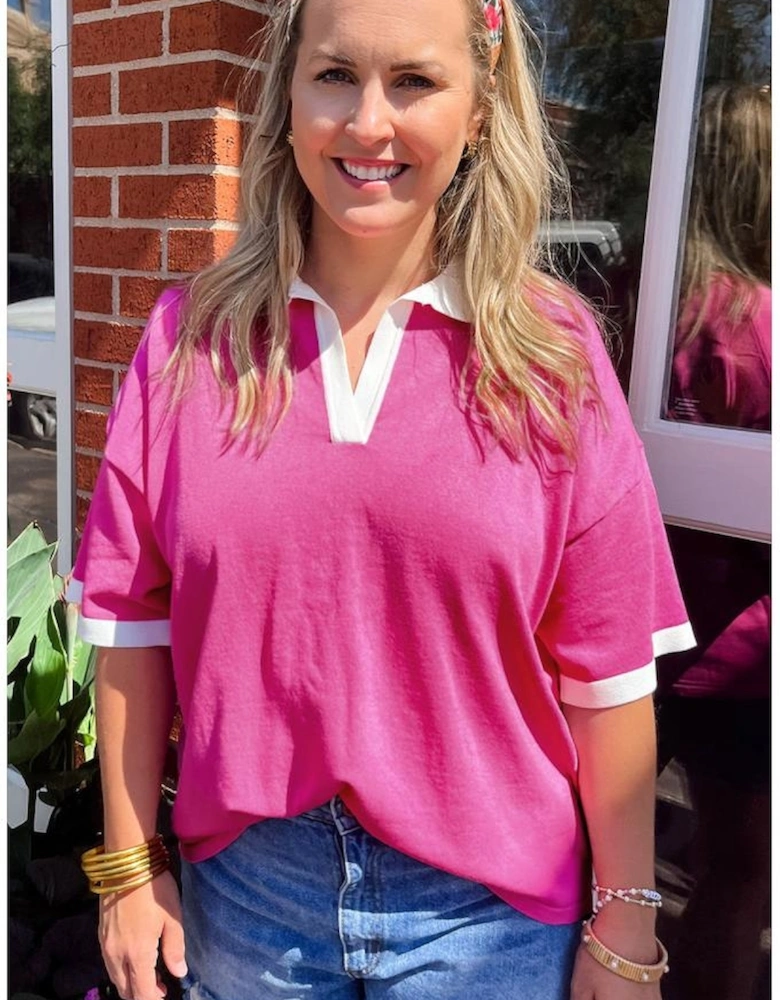 Pink Contrast Trim Collared Split Neck Short Sleeve Plus Size Top