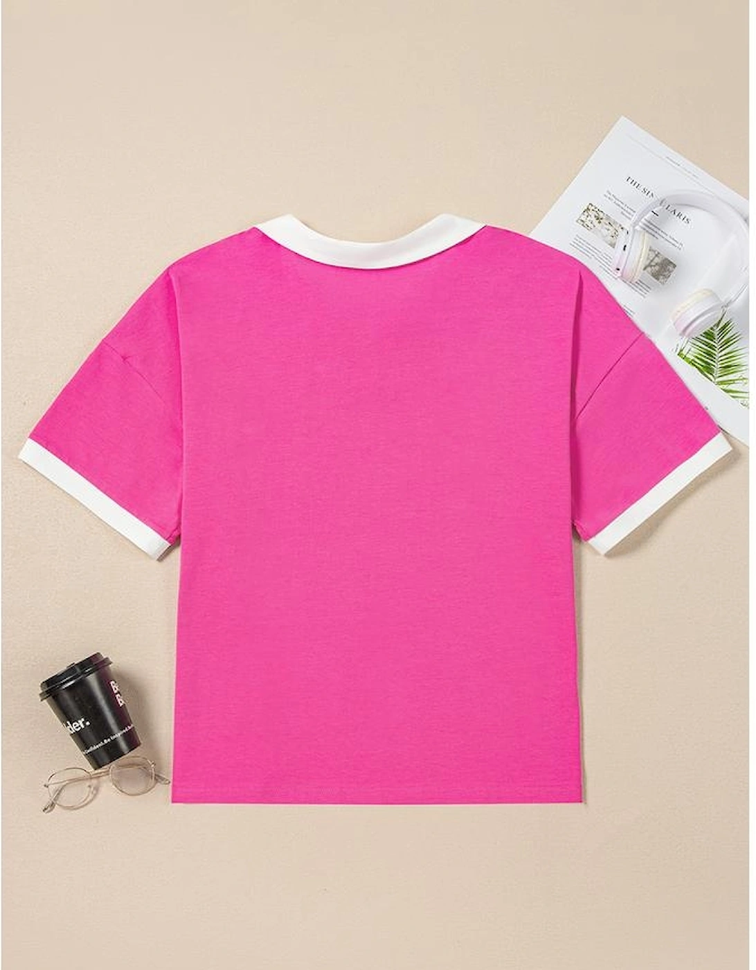 Pink Contrast Trim Collared Split Neck Short Sleeve Plus Size Top