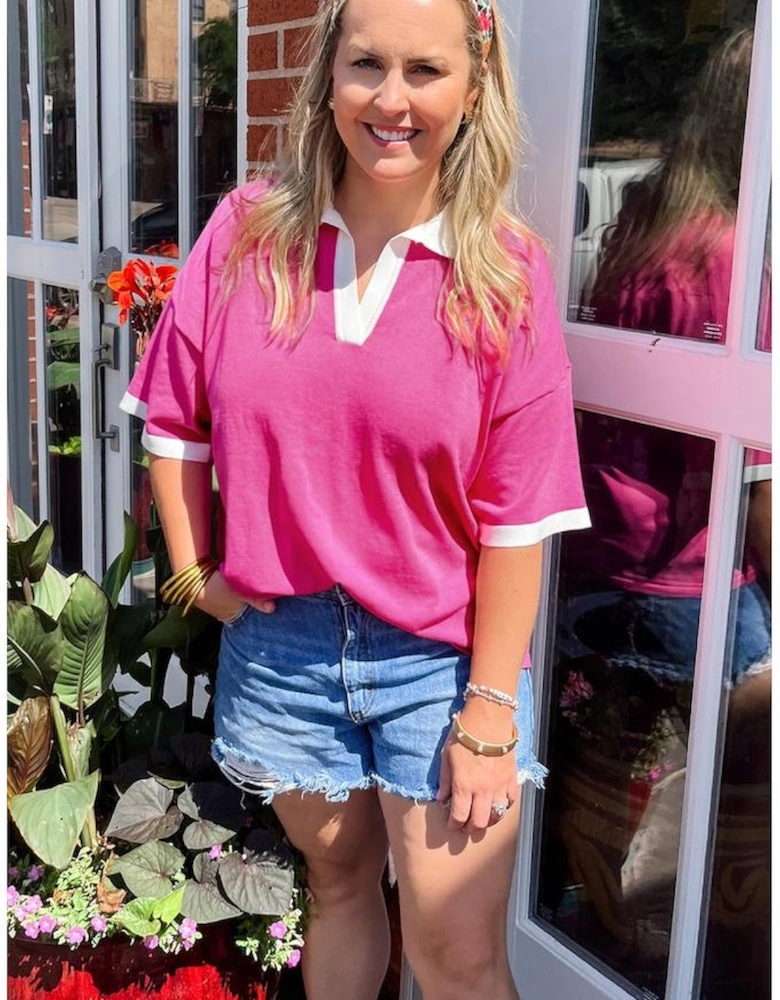 Pink Contrast Trim Collared Split Neck Short Sleeve Plus Size Top