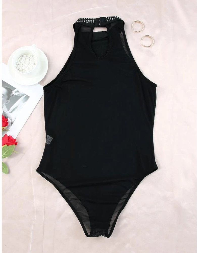 Black High Neck Sleeveless Diamante Bodysuit