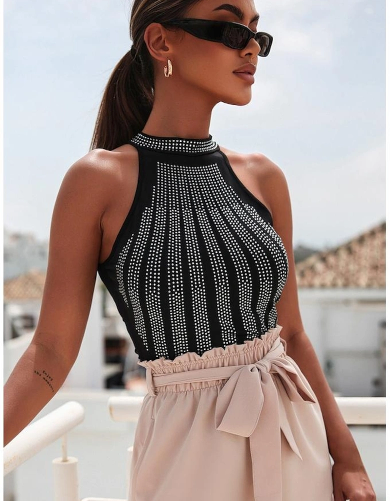 Black High Neck Sleeveless Diamante Bodysuit