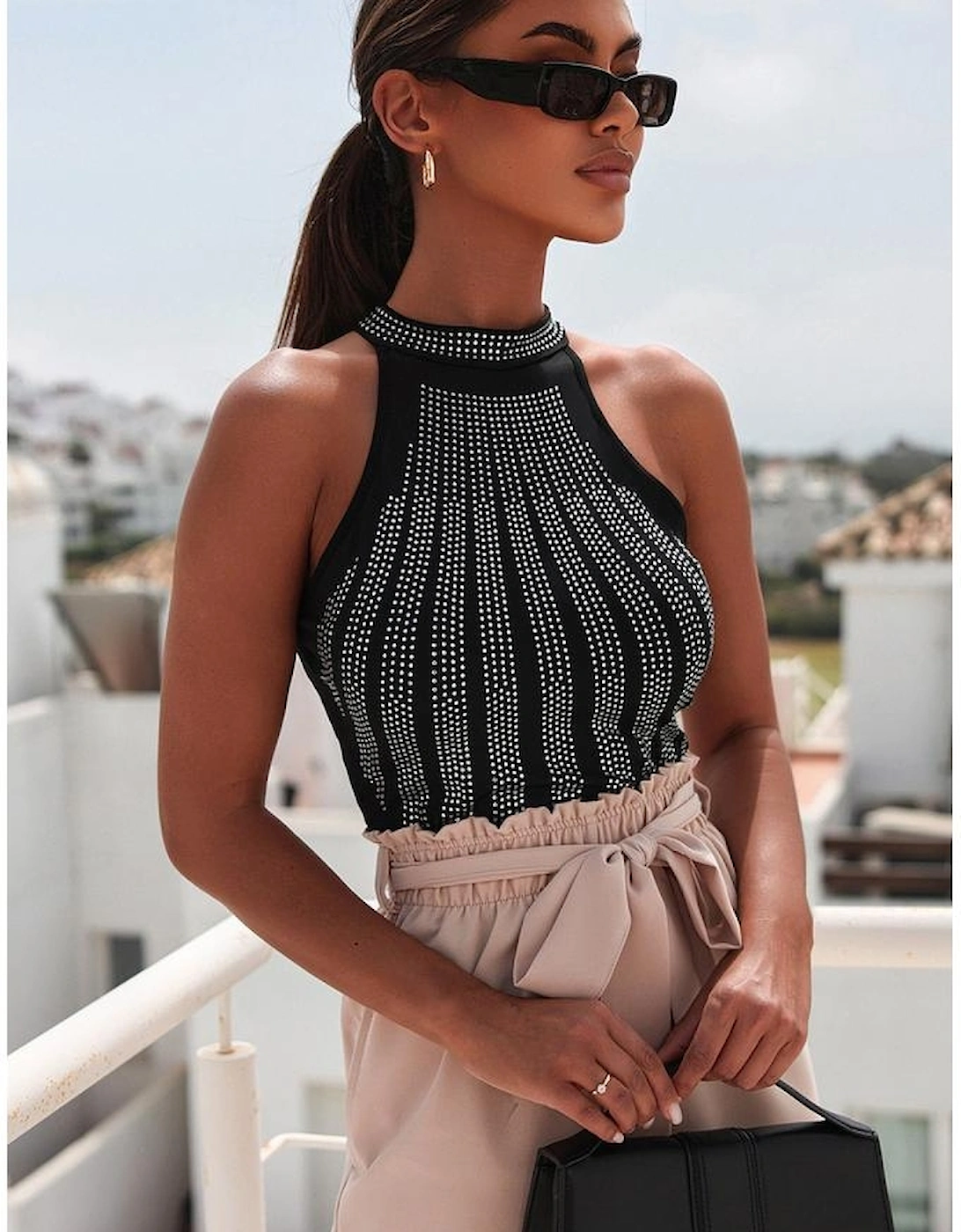 Black High Neck Sleeveless Diamante Bodysuit