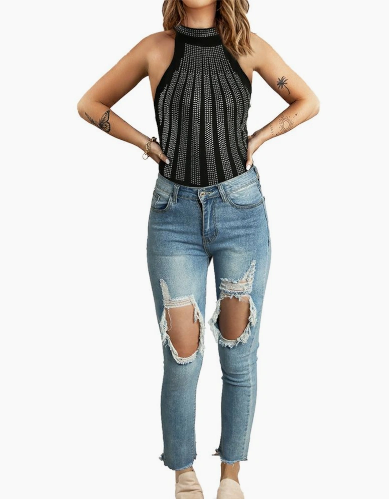 Black High Neck Sleeveless Diamante Bodysuit
