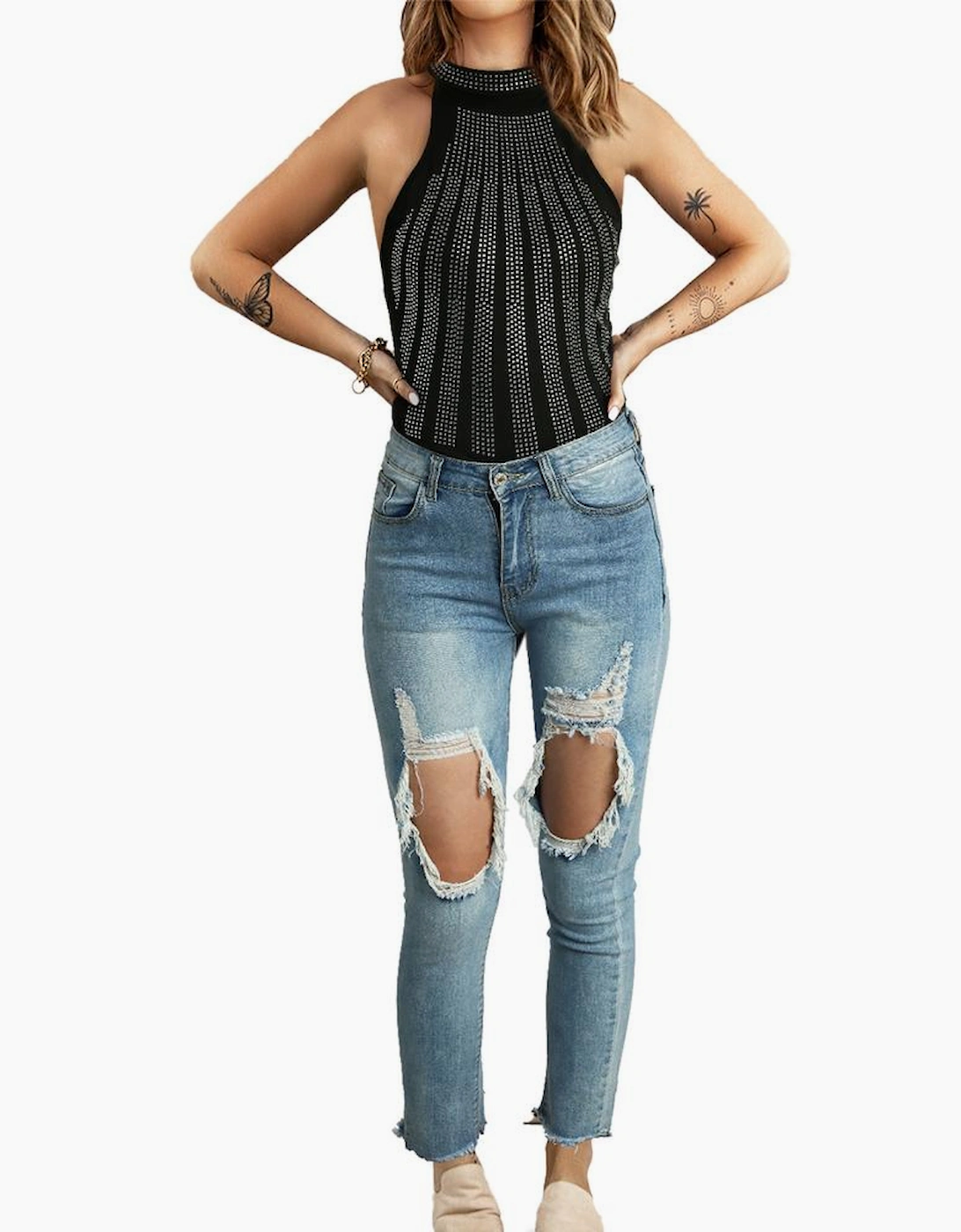 Black High Neck Sleeveless Diamante Bodysuit