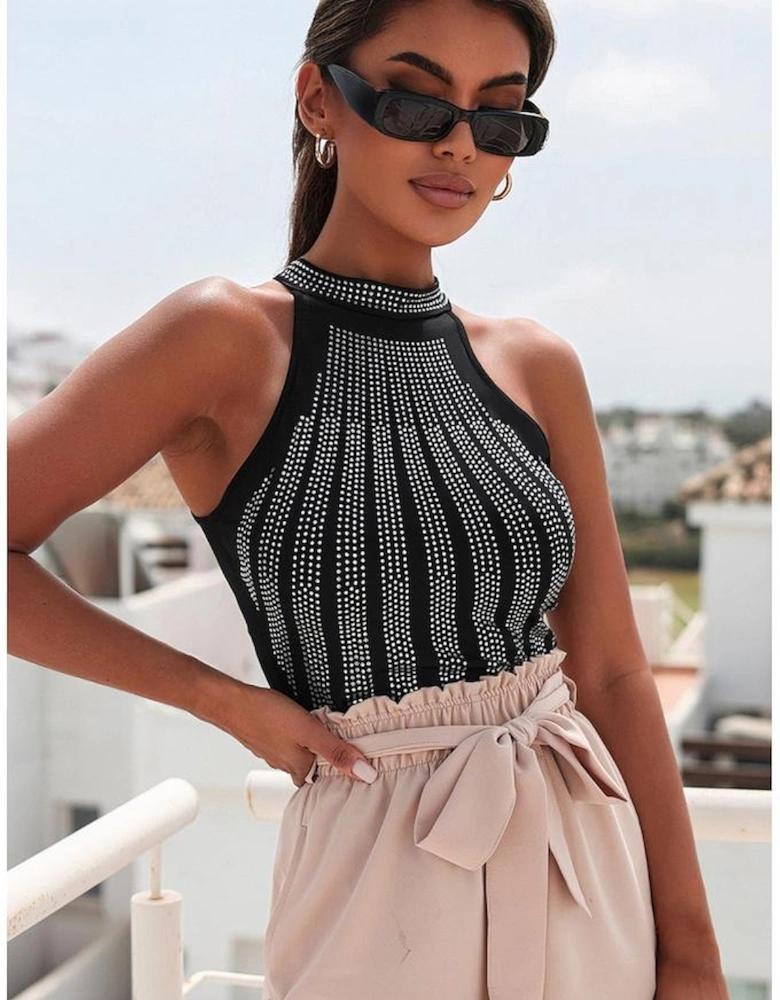 Black High Neck Sleeveless Diamante Bodysuit