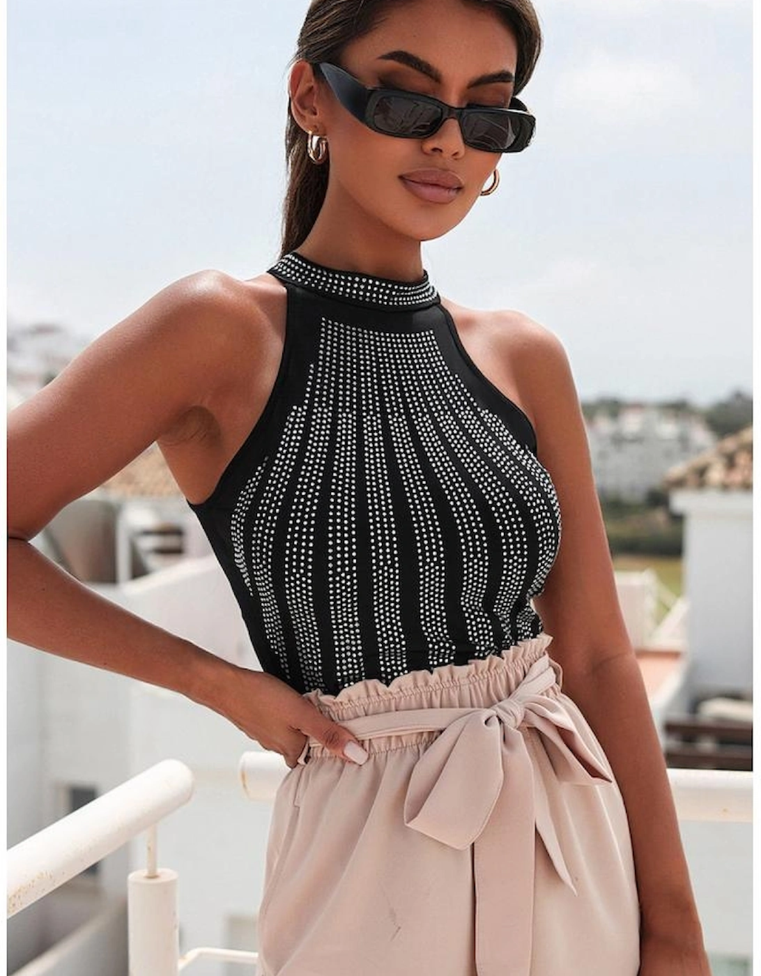 Black High Neck Sleeveless Diamante Bodysuit