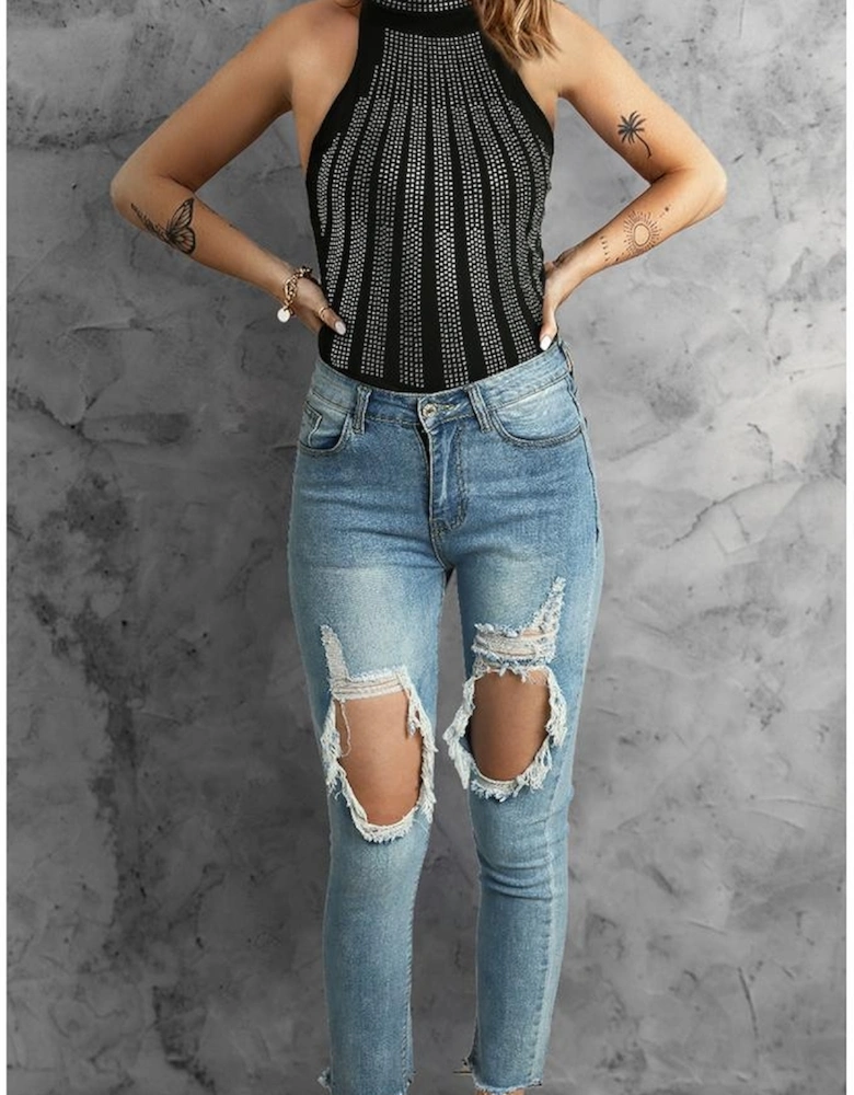 Black High Neck Sleeveless Diamante Bodysuit