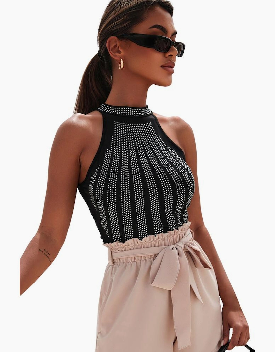 Black High Neck Sleeveless Diamante Bodysuit