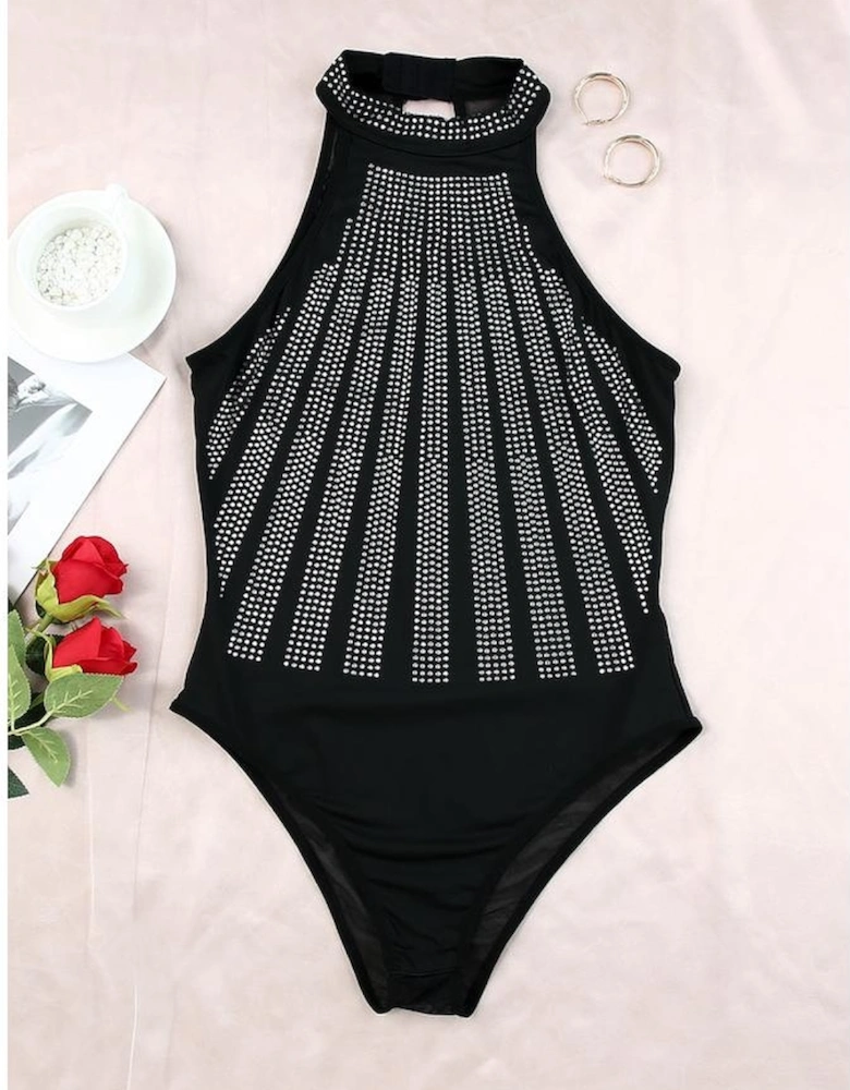 Black High Neck Sleeveless Diamante Bodysuit