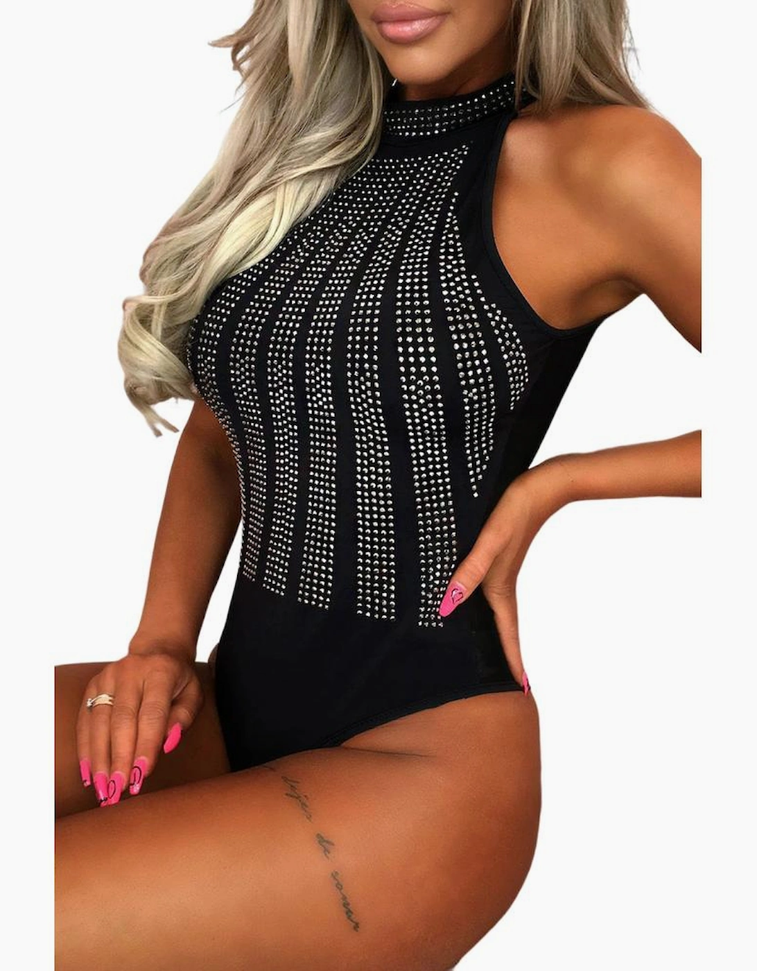 Black High Neck Sleeveless Diamante Bodysuit