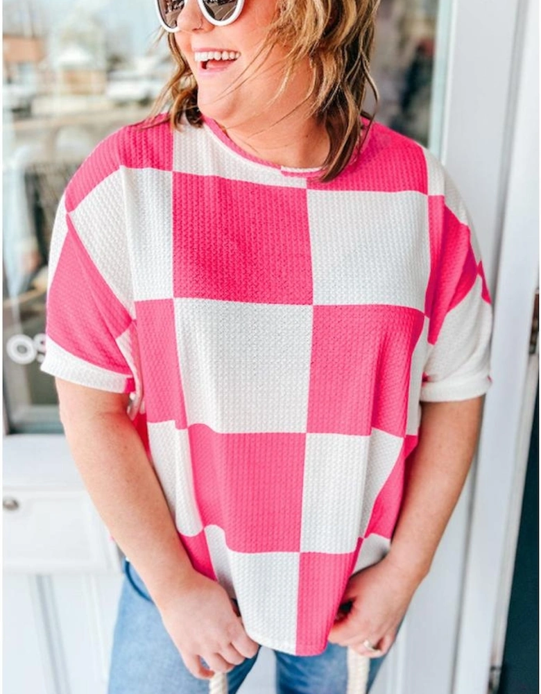 White Textured Checkerboard Round Neck Plus Size T Shirt
