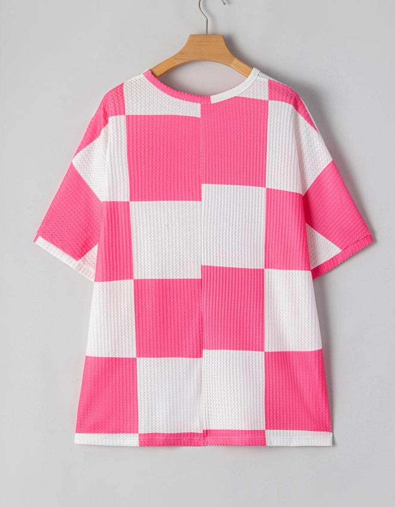White Textured Checkerboard Round Neck Plus Size T Shirt