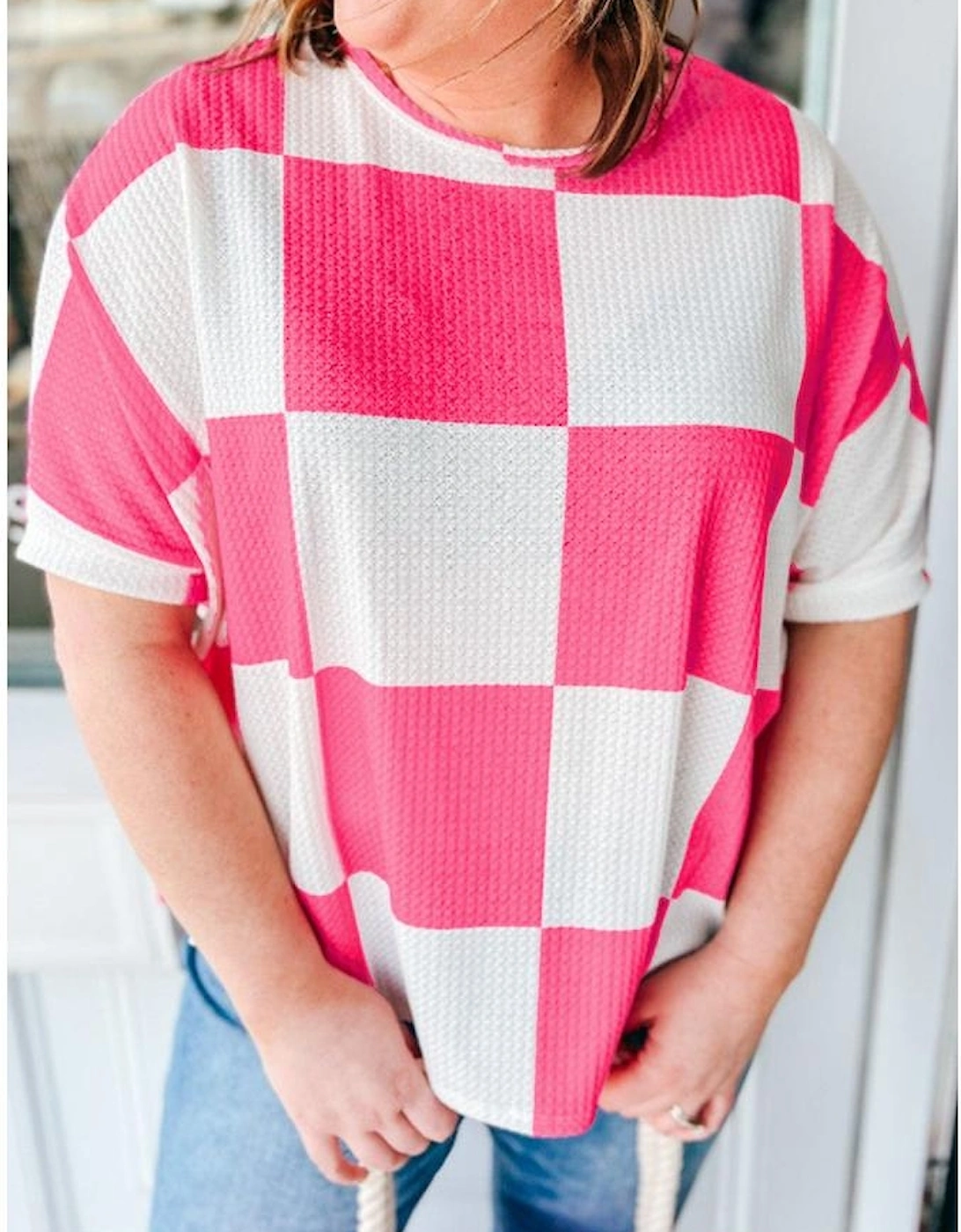 White Textured Checkerboard Round Neck Plus Size T Shirt