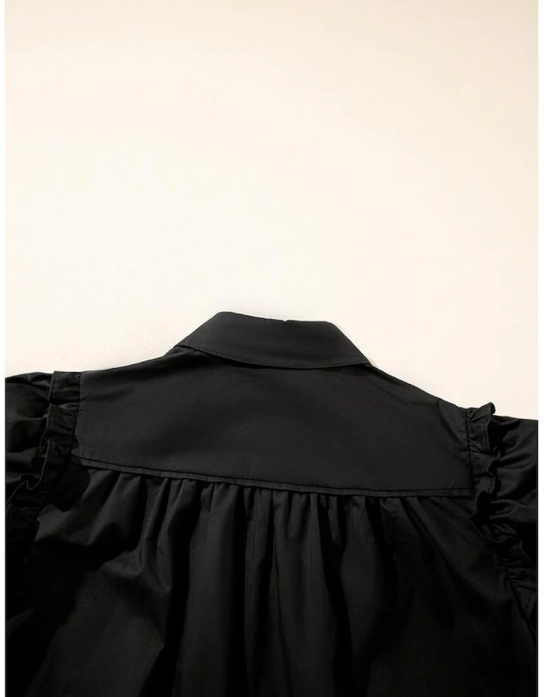 Black Frilly Puff Sleeve Stylish Collared Shirt