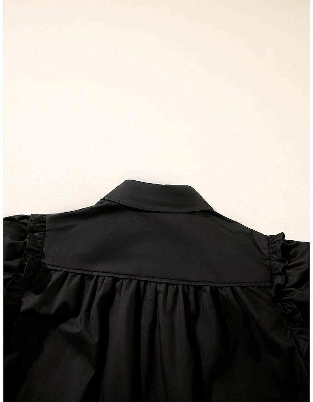 Black Frilly Puff Sleeve Stylish Collared Shirt