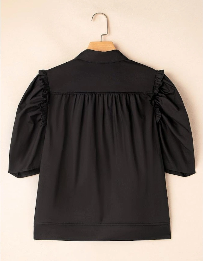 Black Frilly Puff Sleeve Stylish Collared Shirt