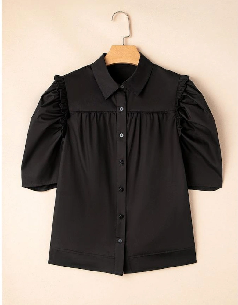 Black Frilly Puff Sleeve Stylish Collared Shirt