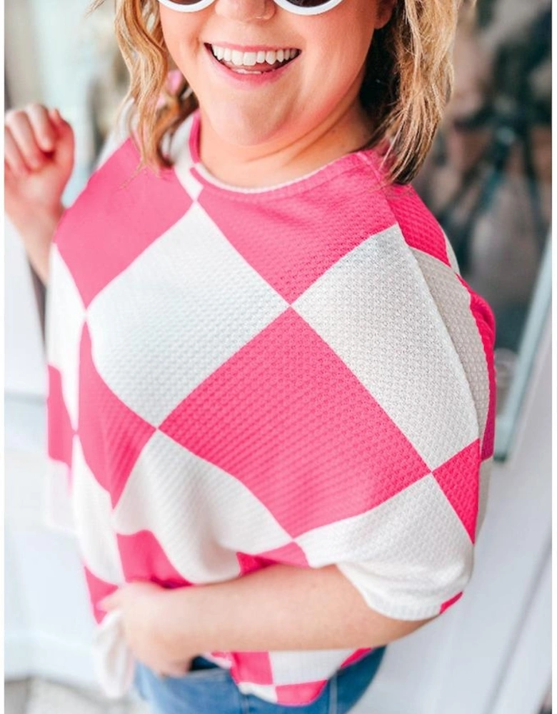 White Textured Checkerboard Round Neck Plus Size T Shirt