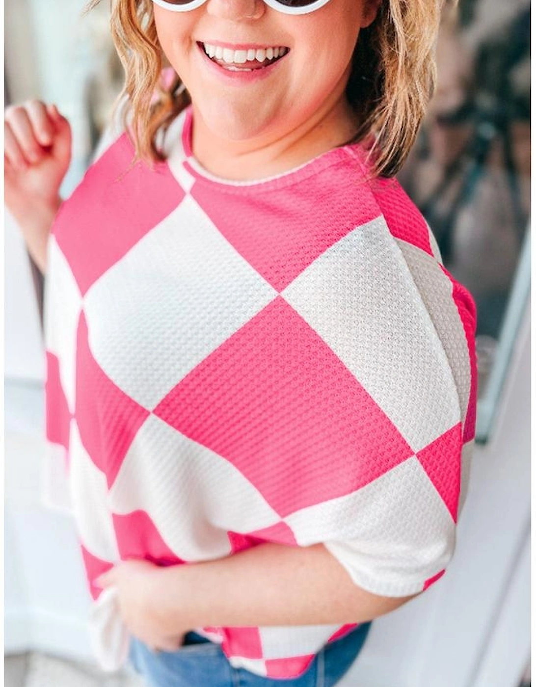 White Textured Checkerboard Round Neck Plus Size T Shirt, 9 of 8